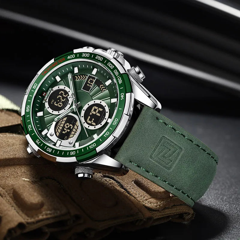 Groene Leren Chronograaf Horloge